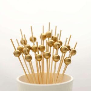 100-Pack Bamboo Skewers 4.5", Gold Pearl Decorative Top Stir Sticks - Eco Friendly Cocktail Picks